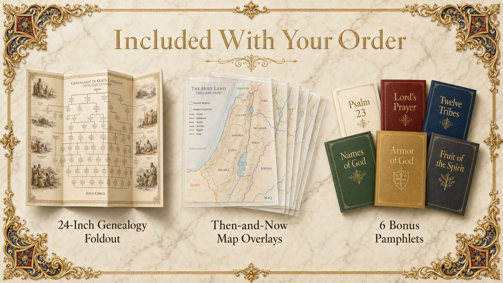 Included With Your Order — 24-inch Genealogy Foldout, 5 Then-and-Now Holy Land Map Overlays, 6 Bonus Anniversary Pamphlets